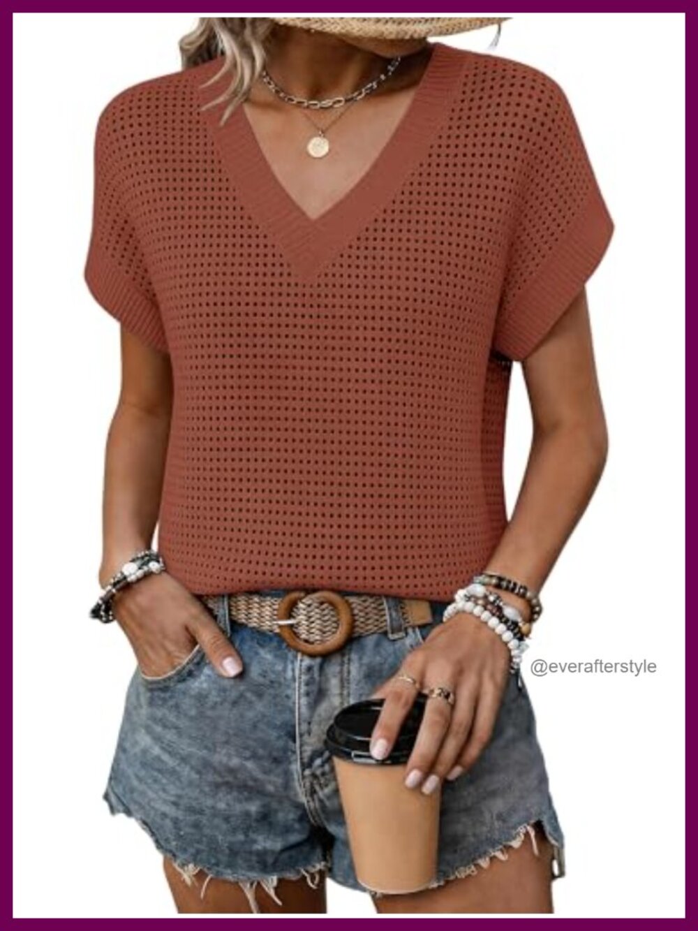 Women's Crochet Sweater Vest Cap Sleeve V-Neck Hollow Out Knit Tank Top